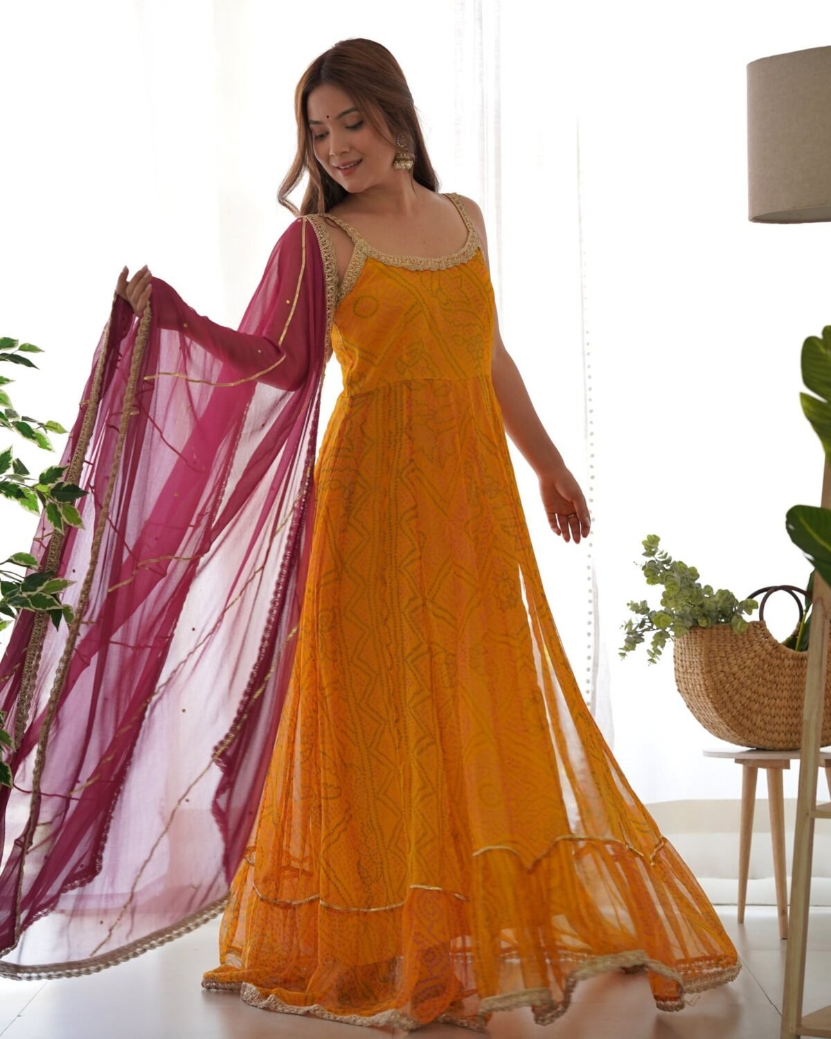 Yellow and wine anarkali set