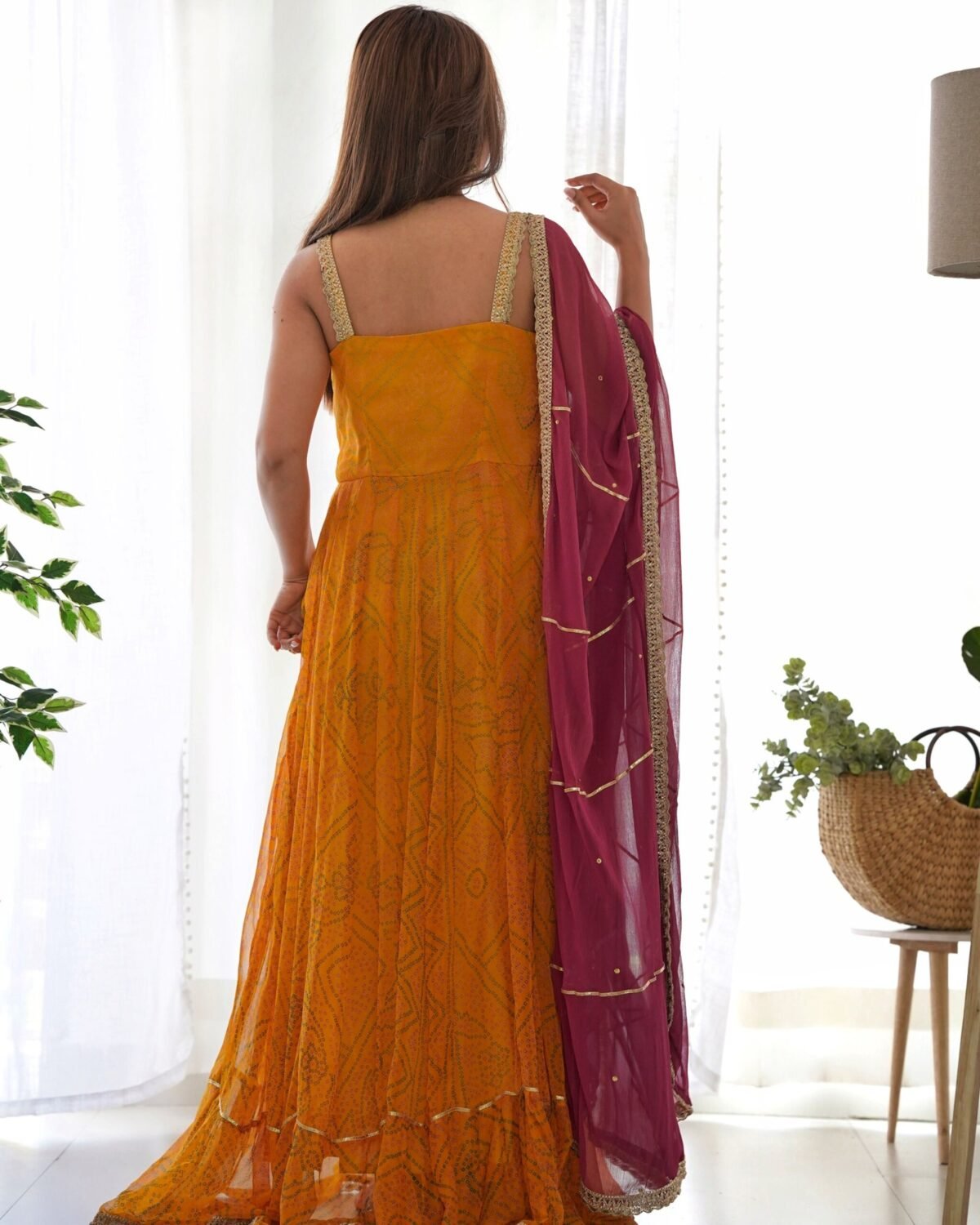 Yellow and wine anarkali set