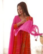 Magenta and orange anarkali set (set of 3)