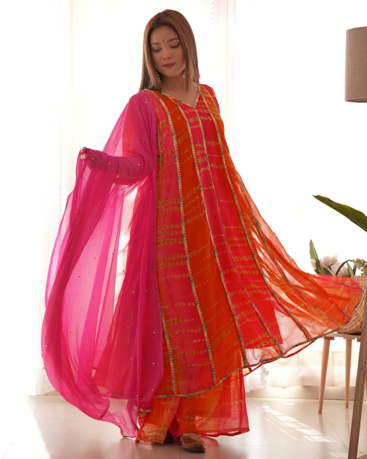 Magenta and orange anarkali set (set of 3)