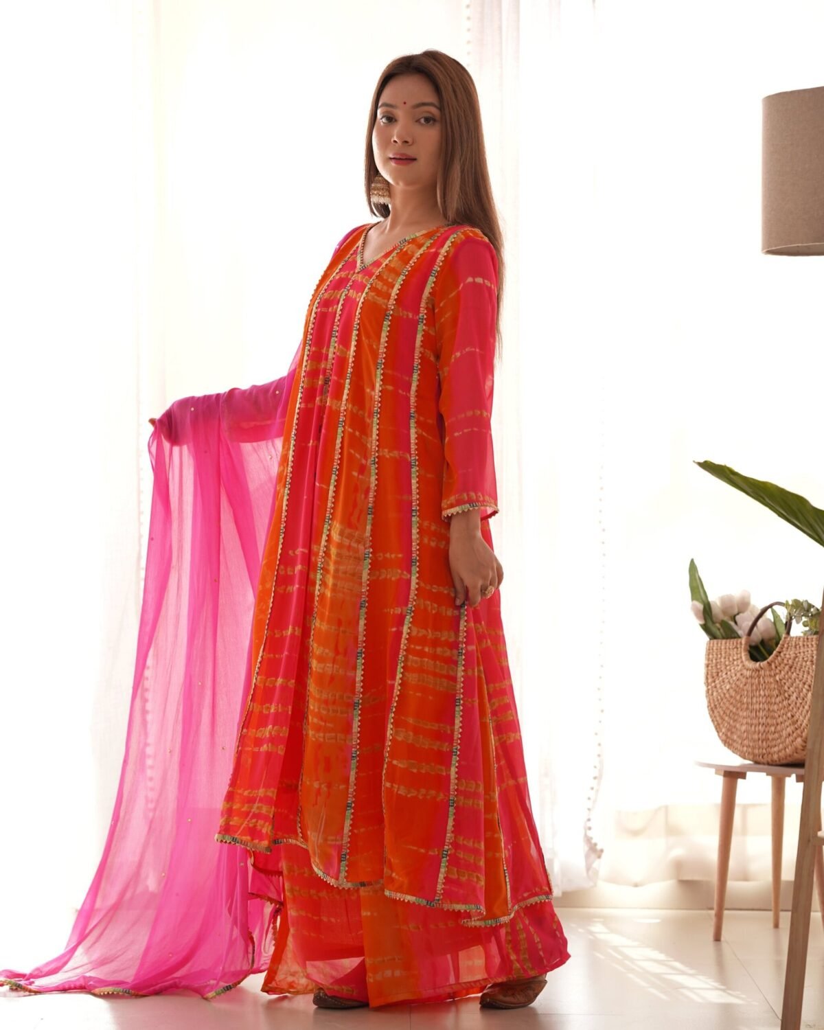 Magenta and orange anarkali set (set of 3)