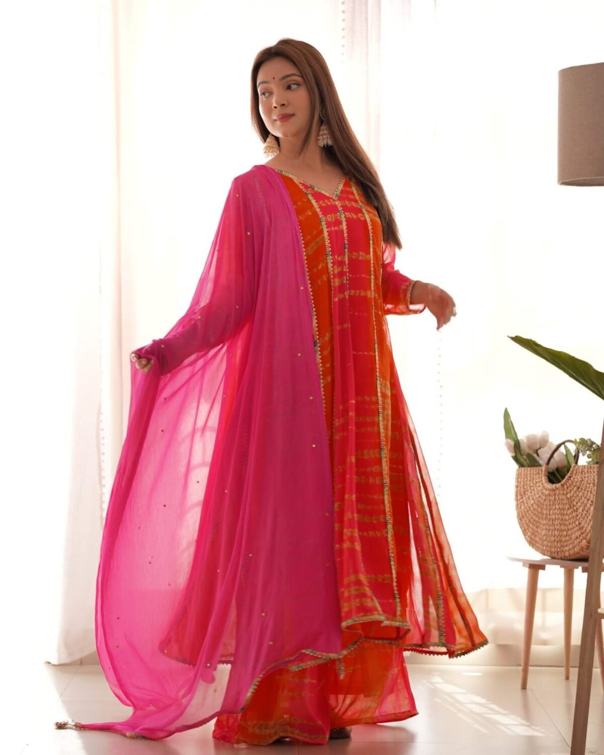 Magenta and orange anarkali set (set of 3)