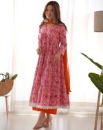 Pink orange floral anarkali set (Set of 3)