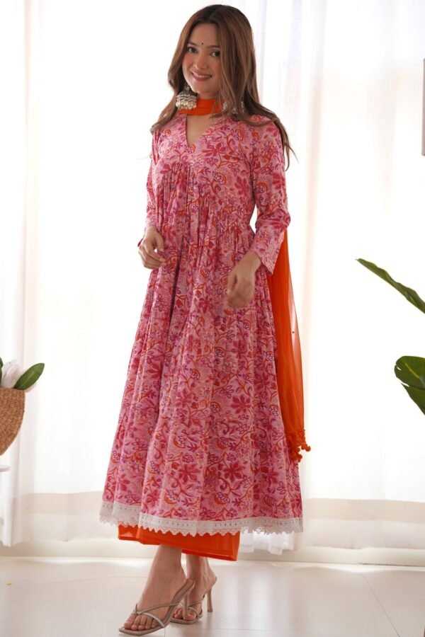 Pink orange floral anarkali set (Set of 3)