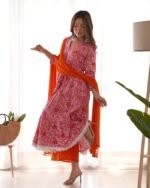 Pink orange floral anarkali set (Set of 3)