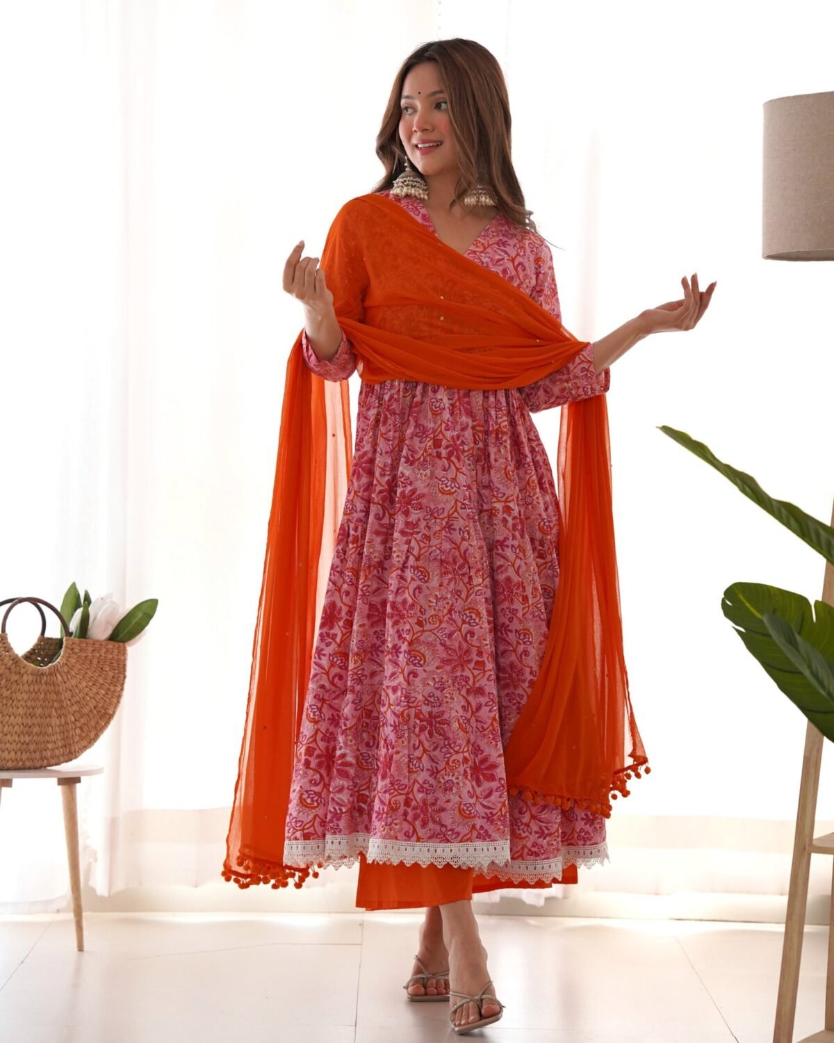 Pink orange floral anarkali set (Set of 3)