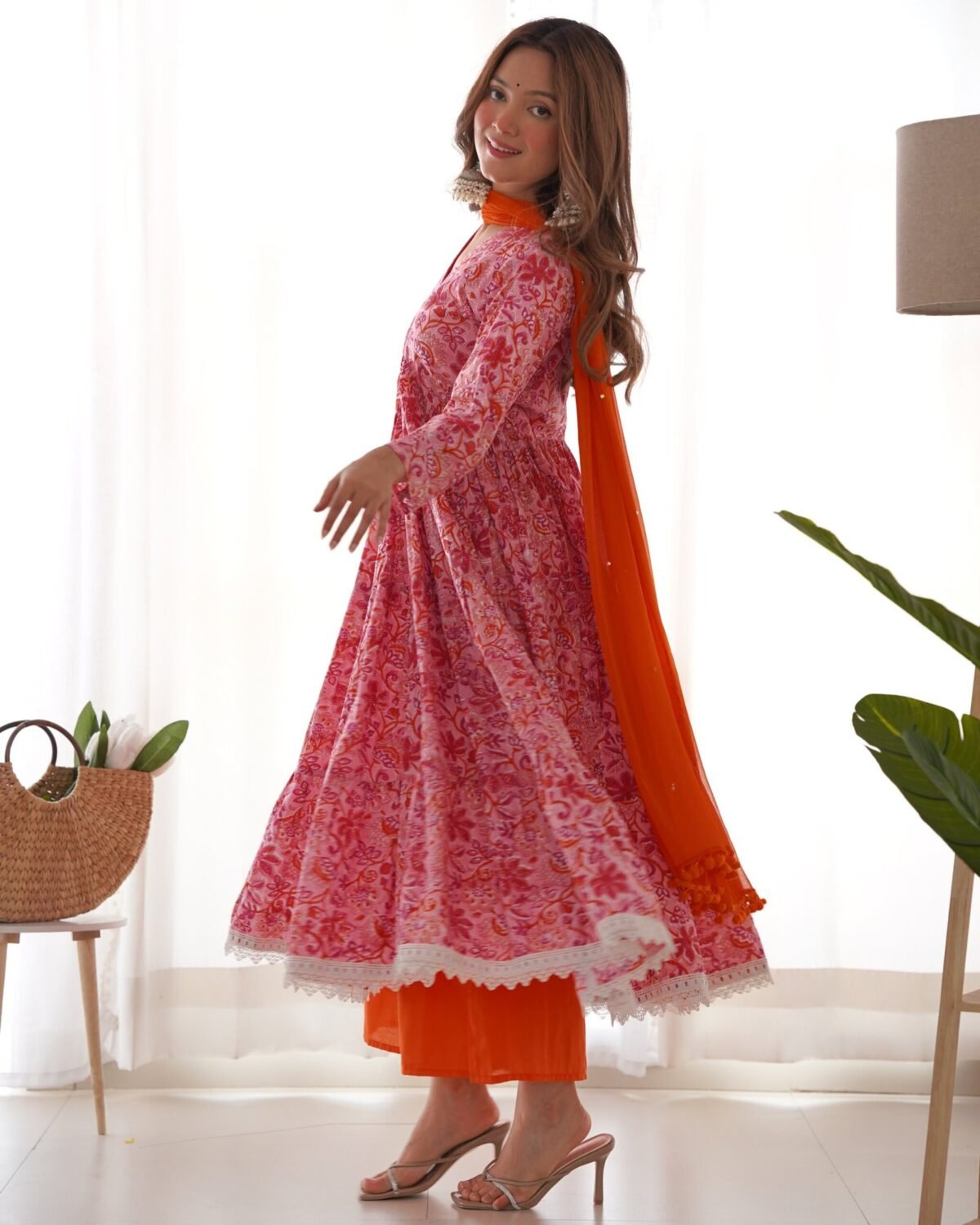 Pink orange floral anarkali set (Set of 3)
