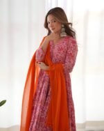 Pink orange floral anarkali set (Set of 3)