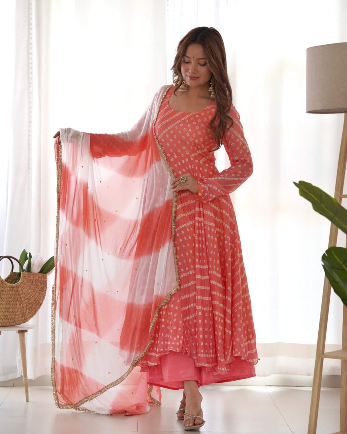 Creamy peach anarkali set (Set of 3)