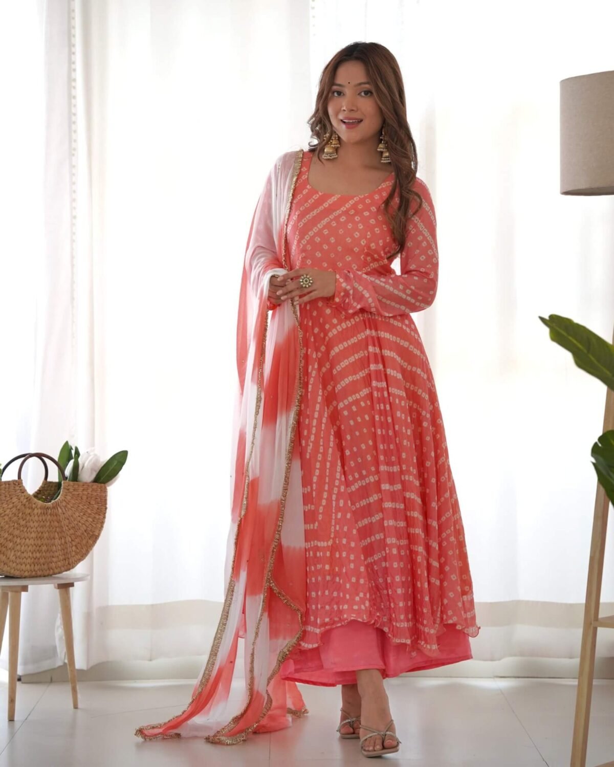 Creamy peach anarkali set (Set of 3)