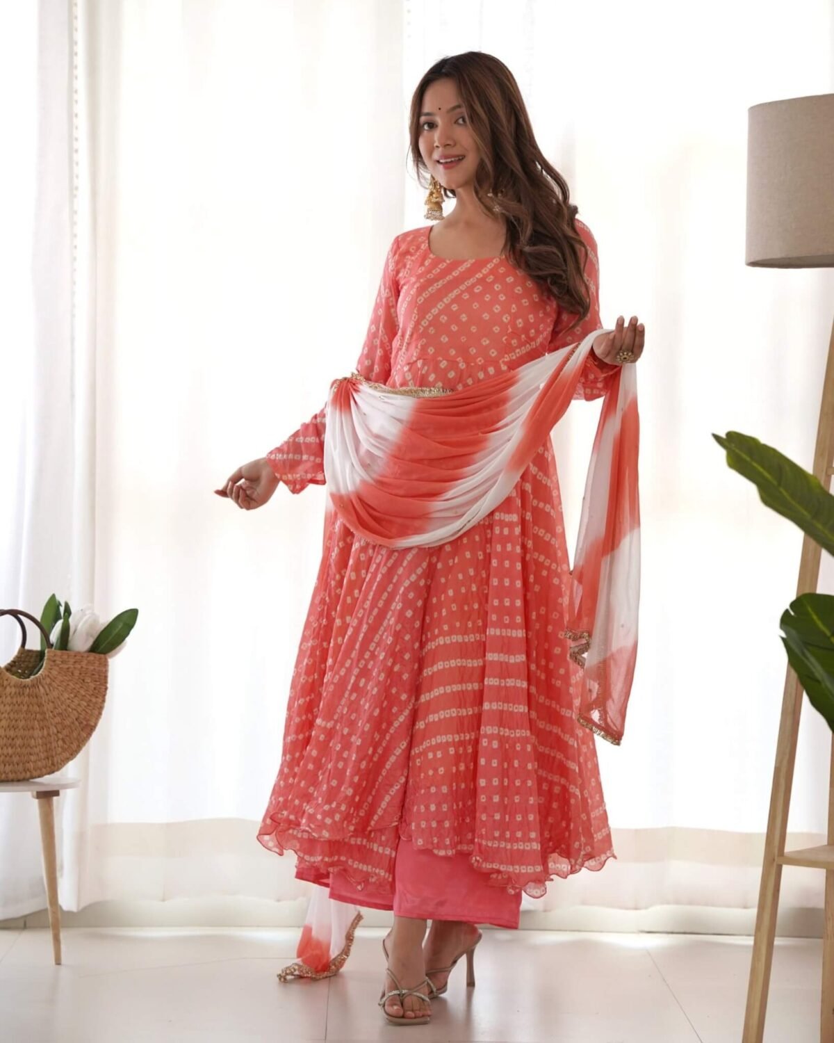 Creamy peach anarkali set (Set of 3)