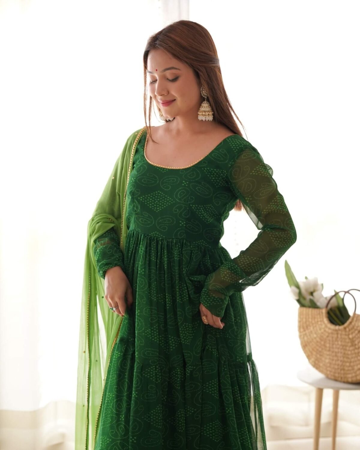 Green bandhani tiered anarkali set(Set of 2)