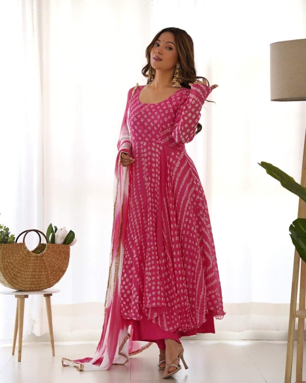 Flamingo Magenta bandhani anarkali set (Set of 3)