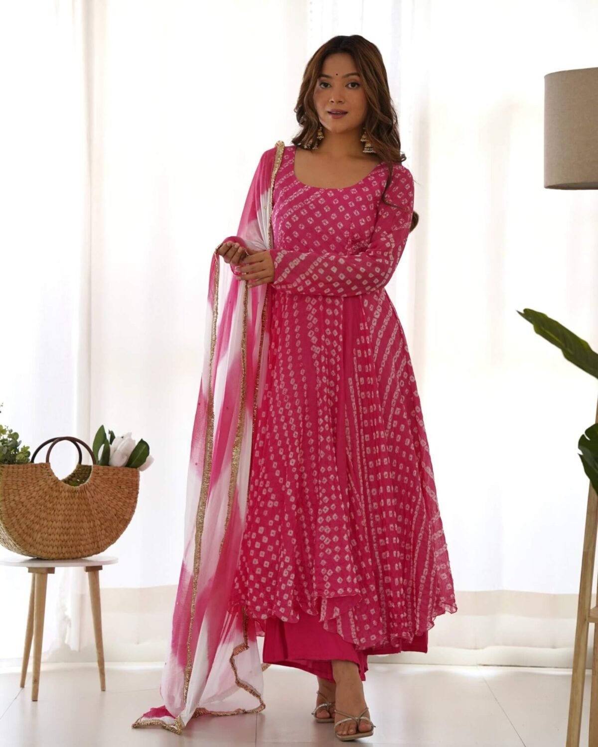 Flamingo Magenta bandhani anarkali set (Set of 3)