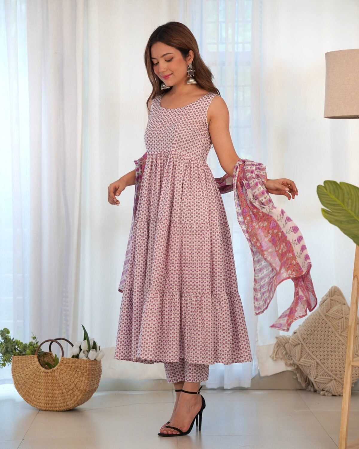 White and lavender anarkali set