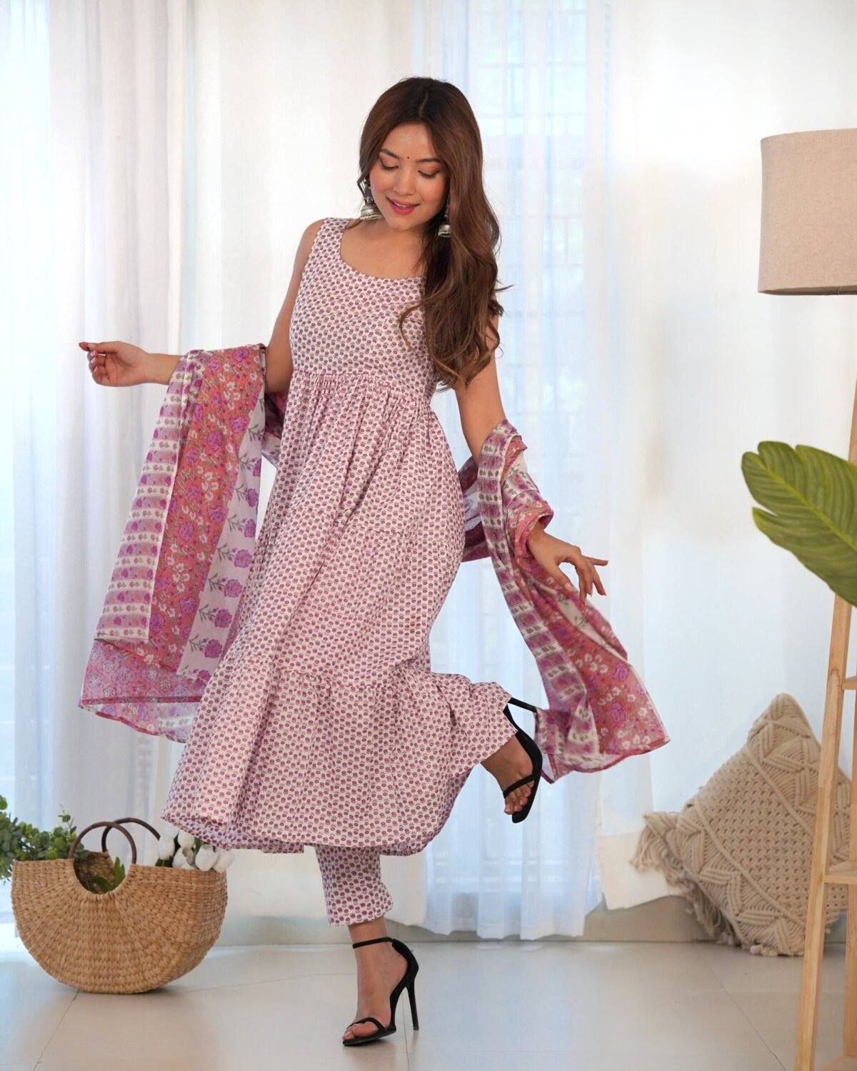 White and lavender anarkali set