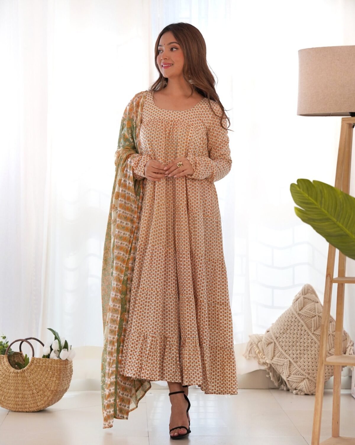 Creamy yellow tiered anarkali set