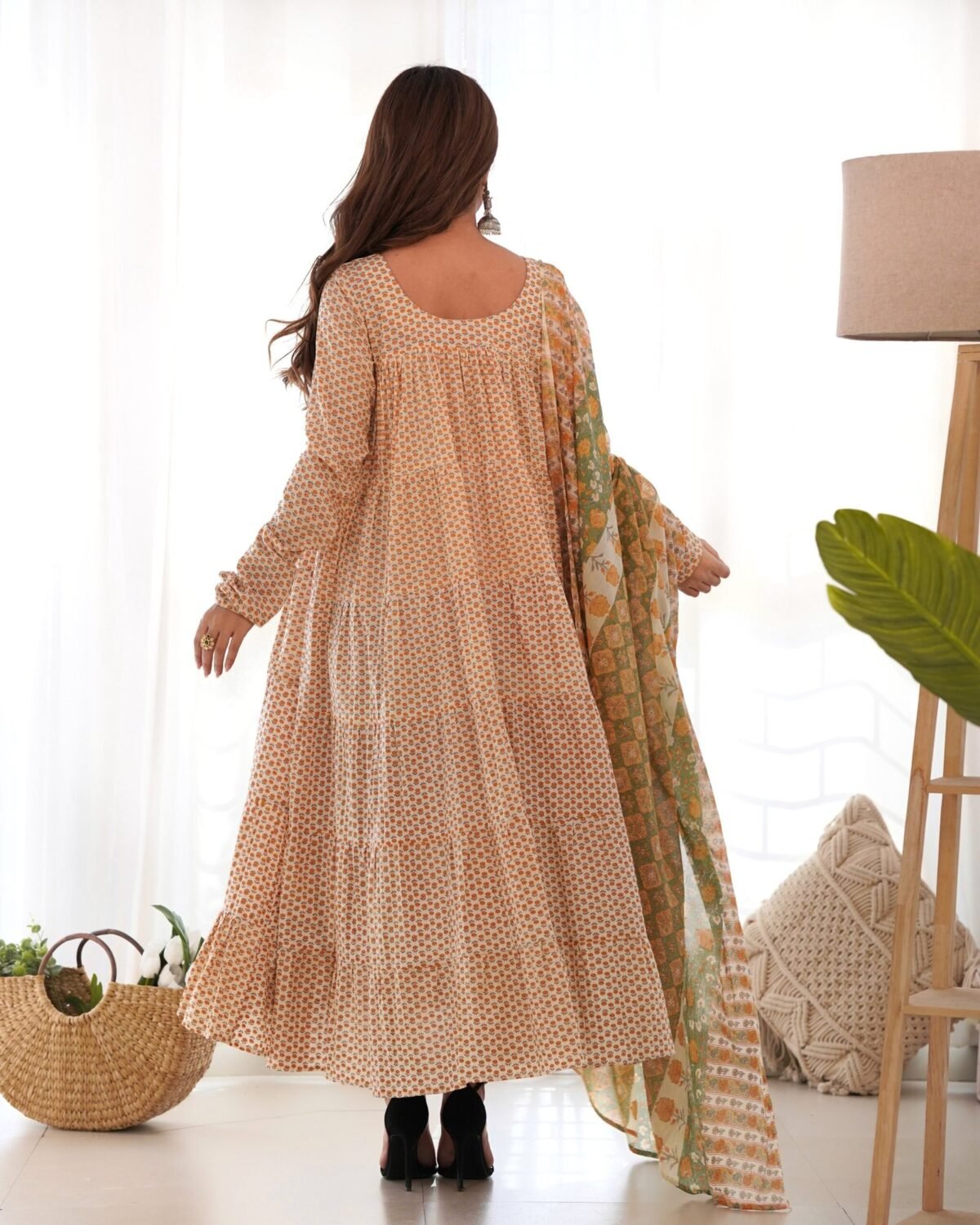 Creamy yellow tiered anarkali set