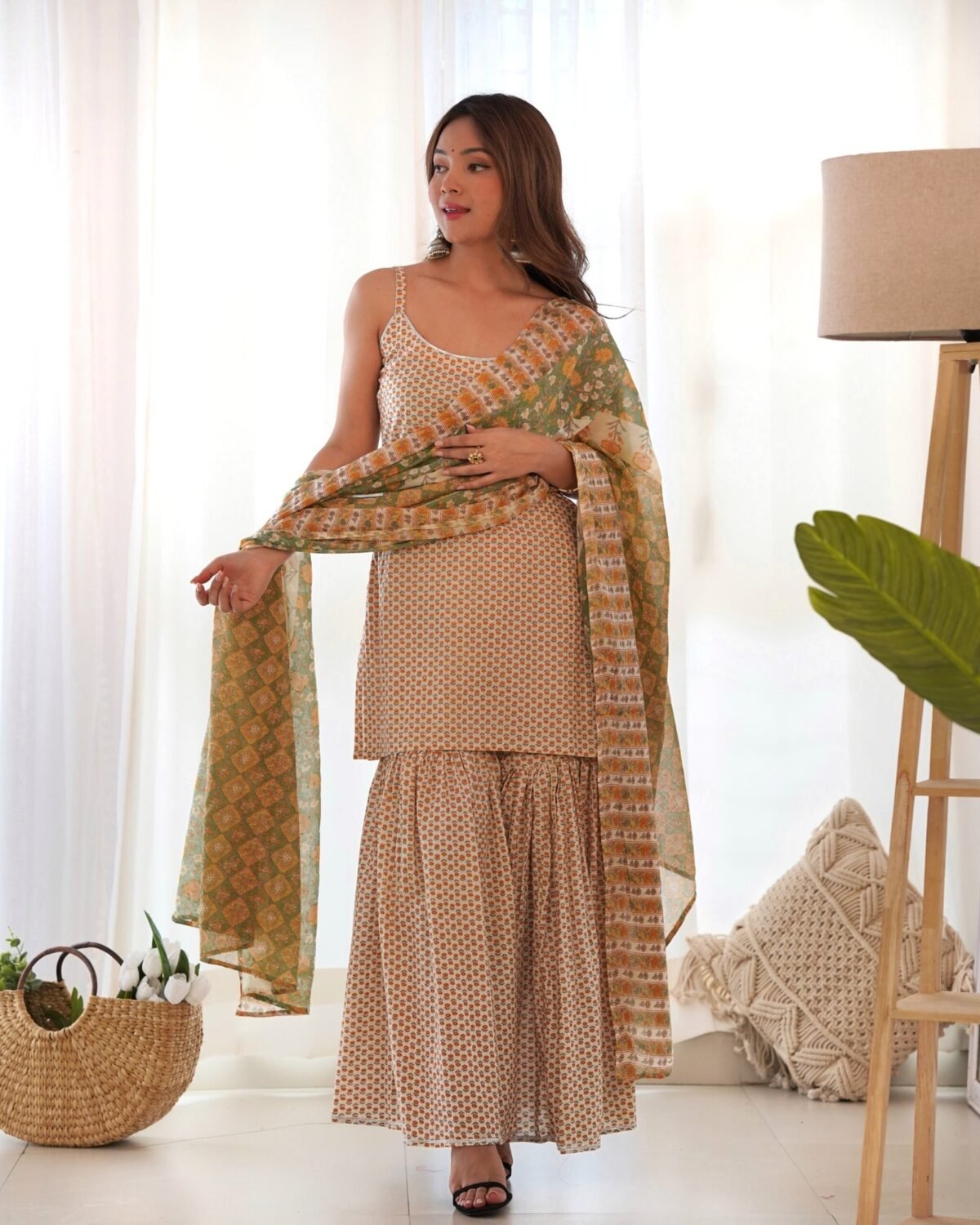 Cream yellow kurta sharara set (set of 3 )