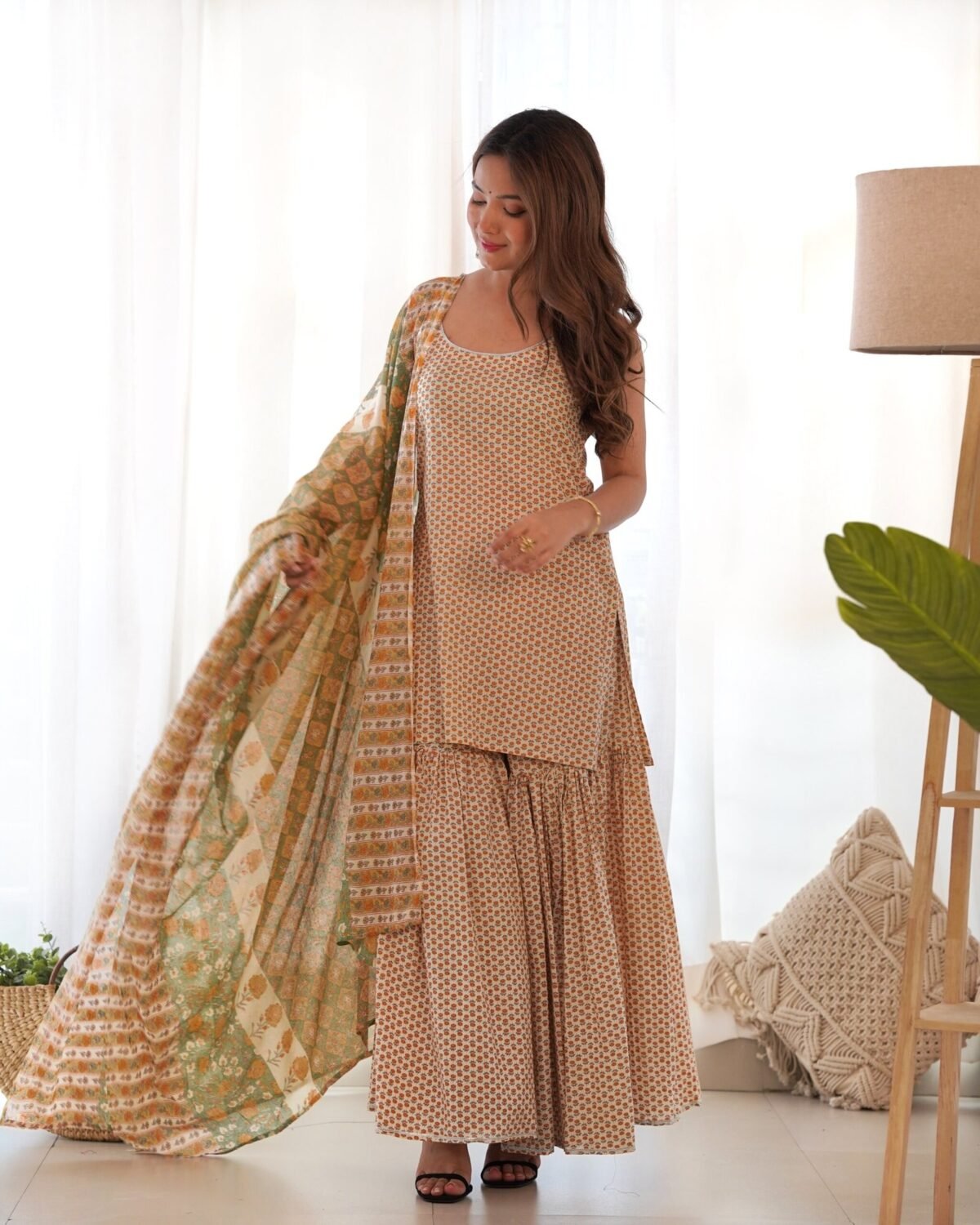 Cream yellow kurta sharara set (set of 3 )