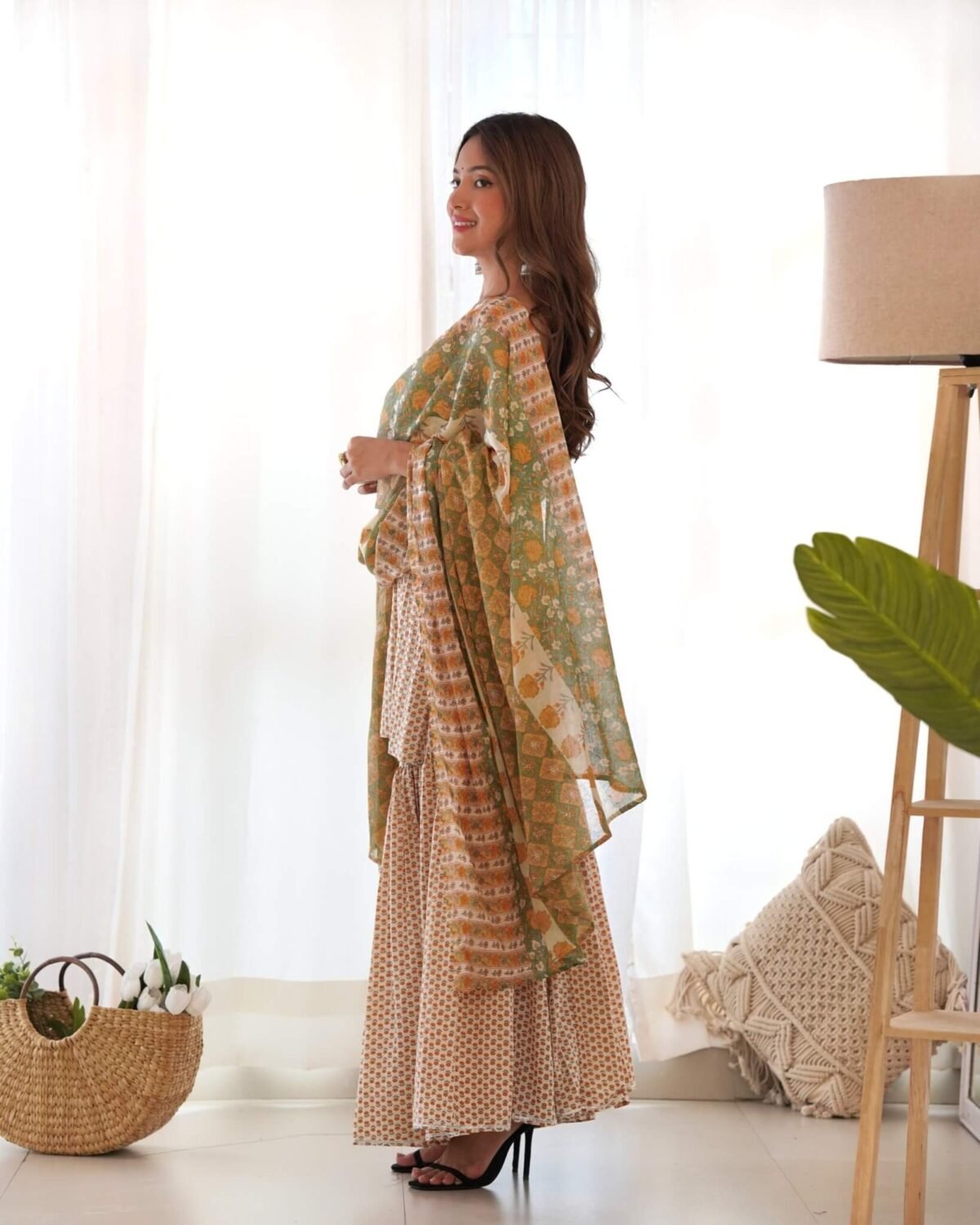 Cream yellow kurta sharara set (set of 3 )