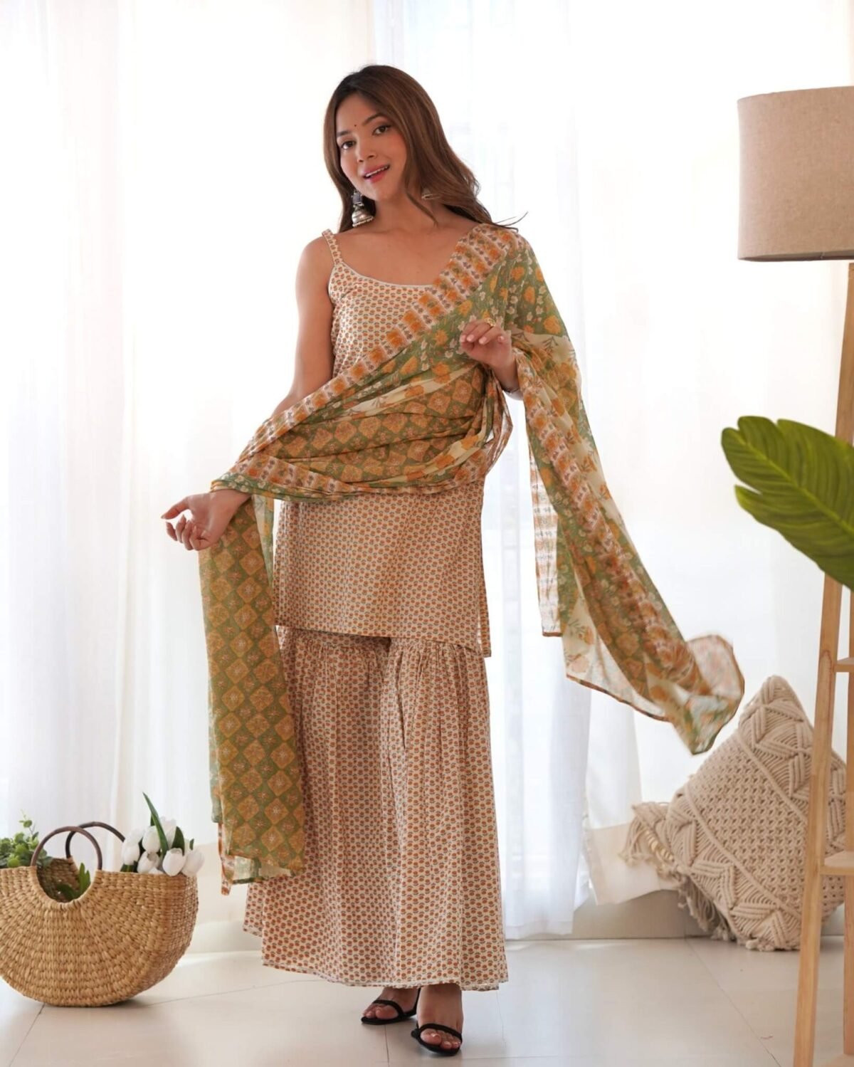 Cream yellow kurta sharara set (set of 3 )