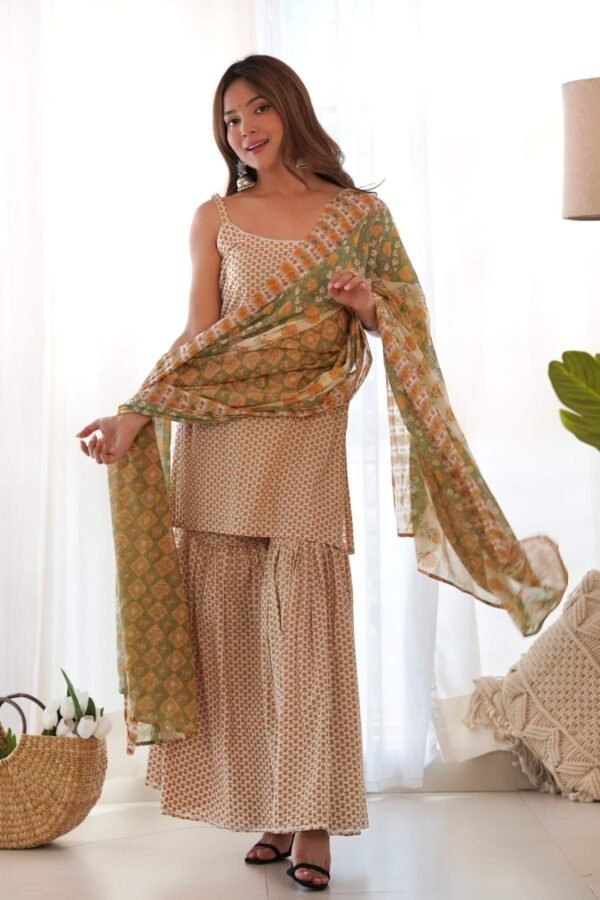 Cream yellow kurta sharara set (set of 3 )