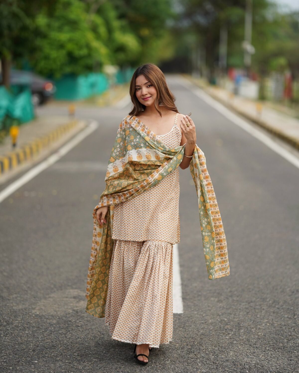 Cream yellow kurta sharara set (set of 3 )