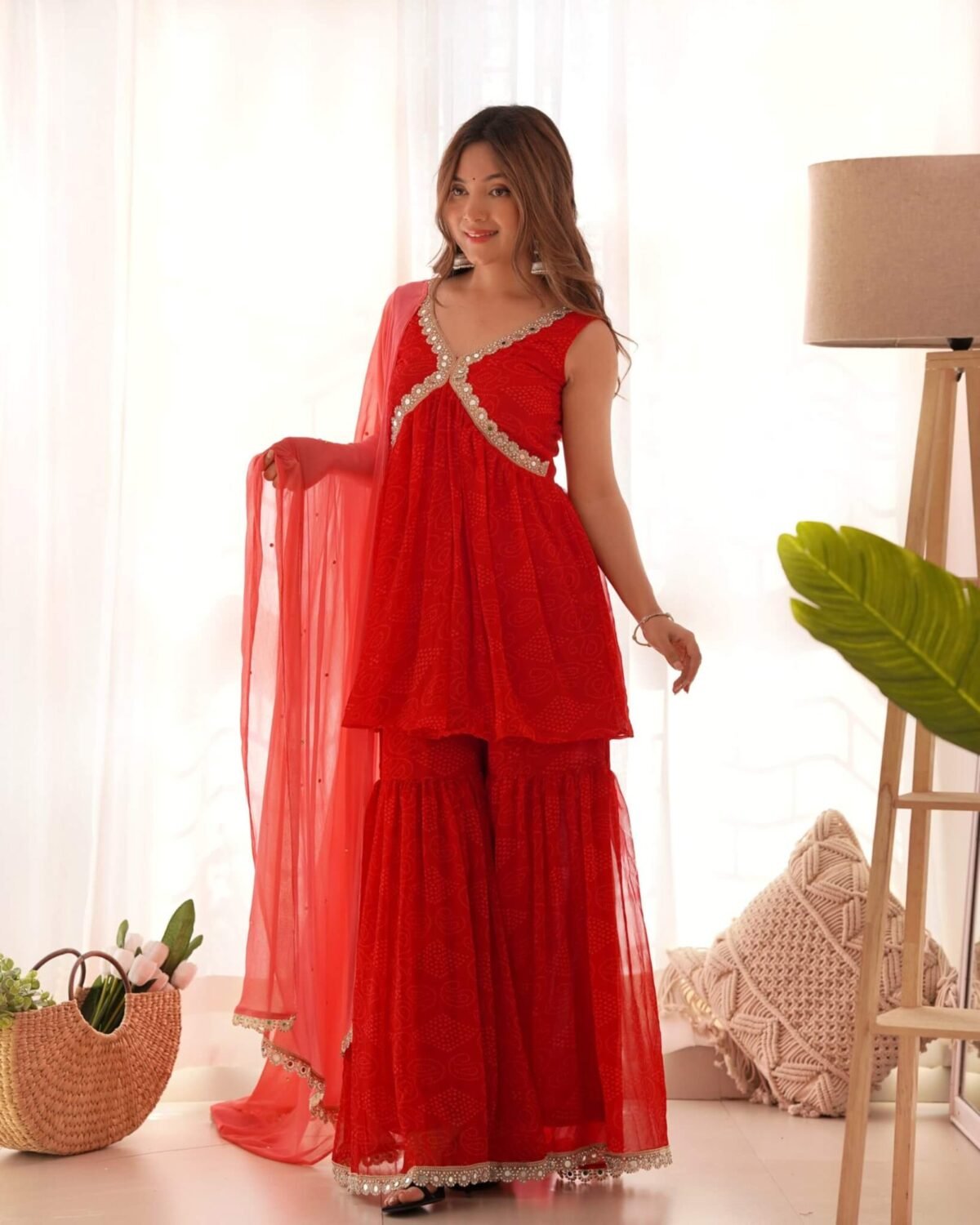 Red bandhani Peplum kurta sharara set (set of 3)