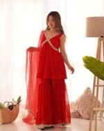 Red bandhani Peplum kurta sharara set (set of 3)