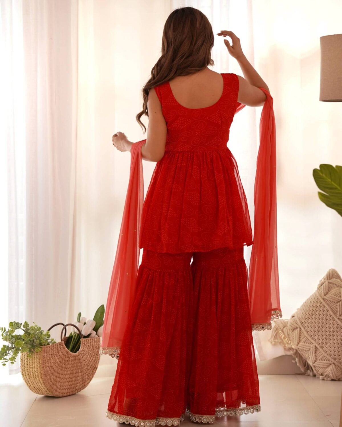 Red bandhani Peplum kurta sharara set (set of 3)