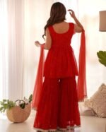 Red bandhani Peplum kurta sharara set (set of 3)