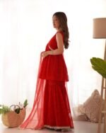 Red bandhani Peplum kurta sharara set (set of 3)