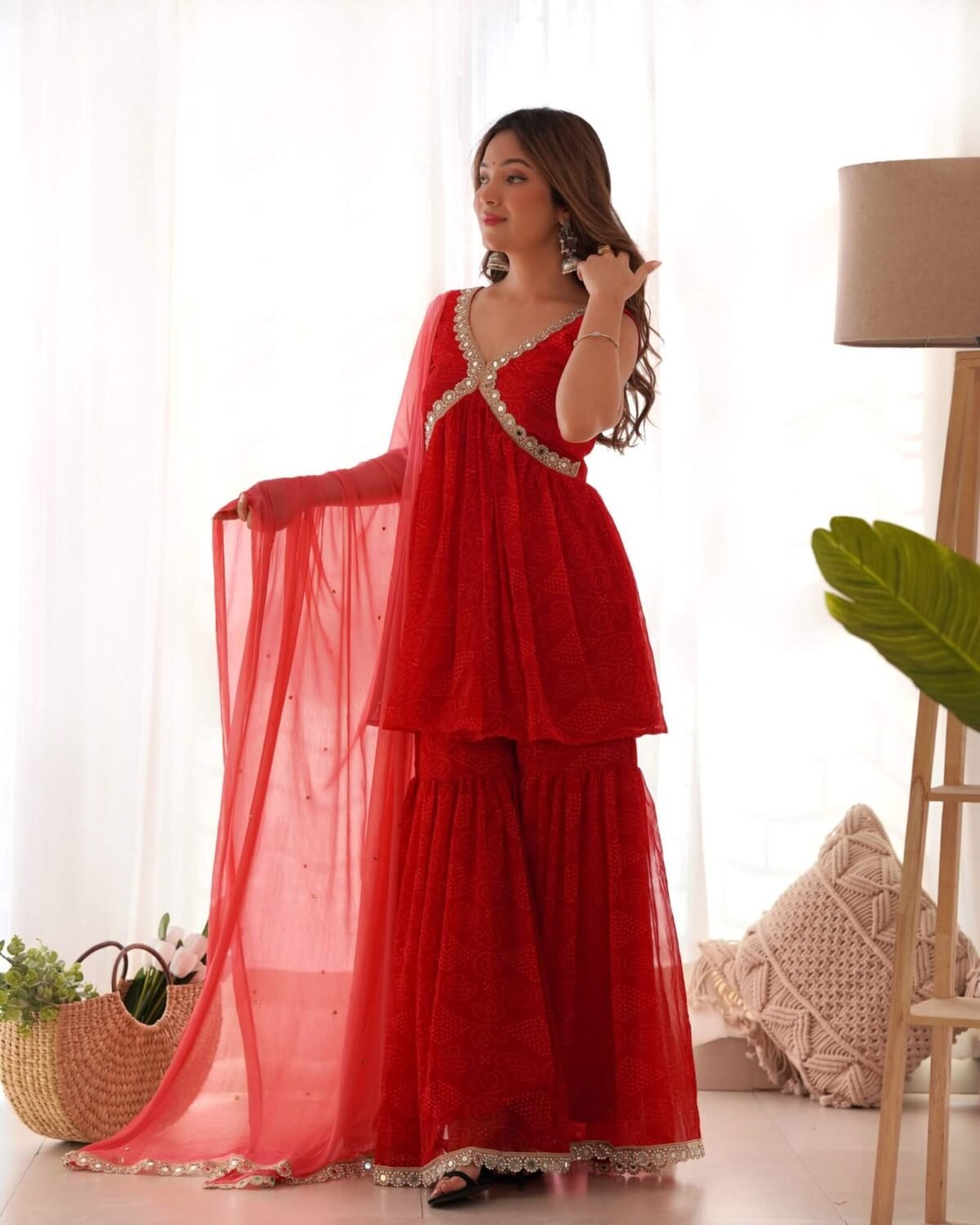 Red bandhani Peplum kurta sharara set (set of 3)