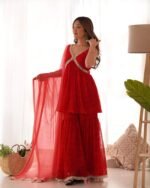 Red bandhani Peplum kurta sharara set (set of 3)