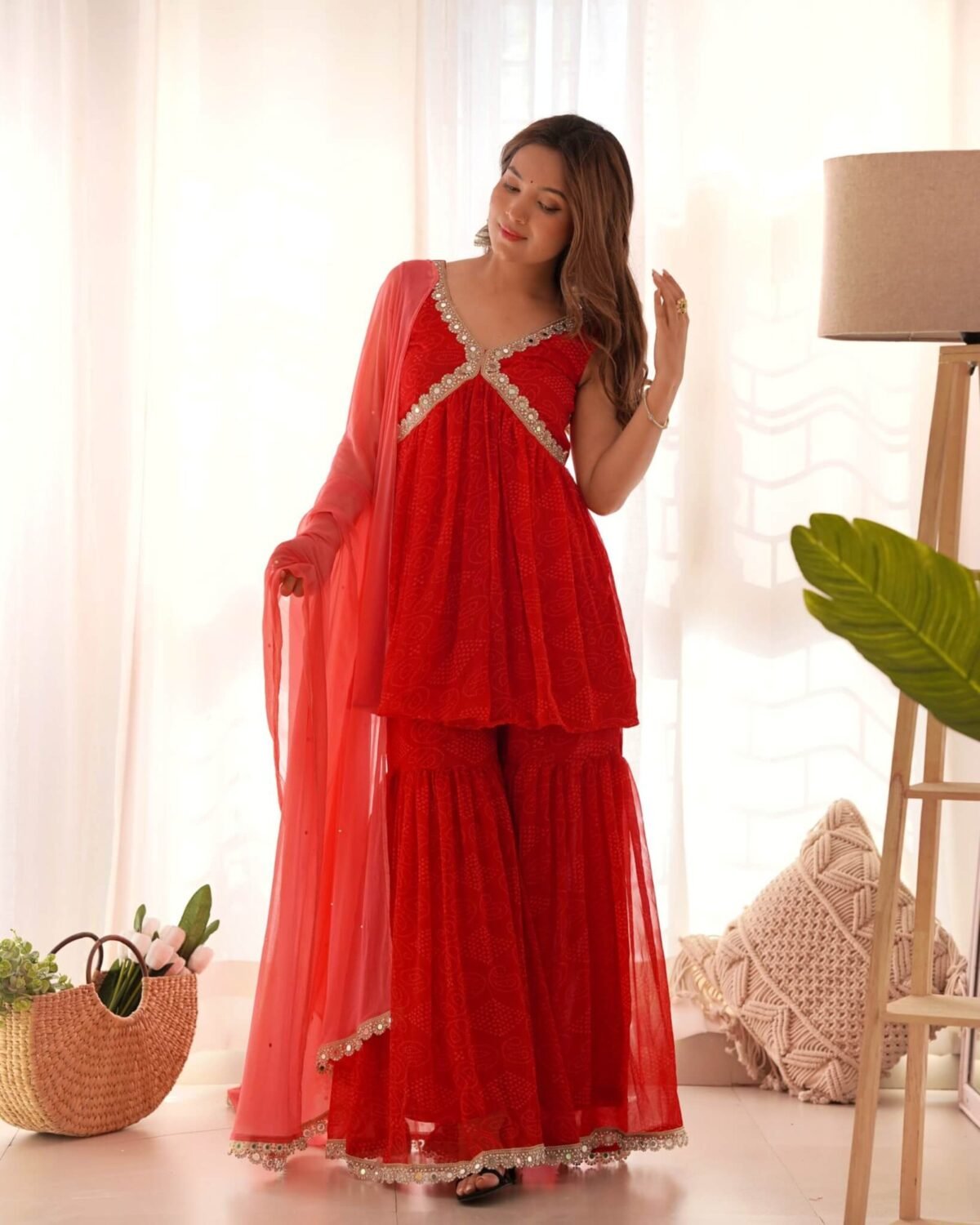 Red bandhani Peplum kurta sharara set (set of 3)