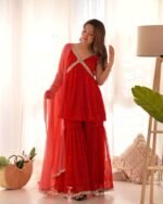 Red bandhani Peplum kurta sharara set (set of 3)