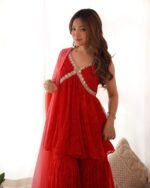 Red bandhani Peplum kurta sharara set (set of 3)