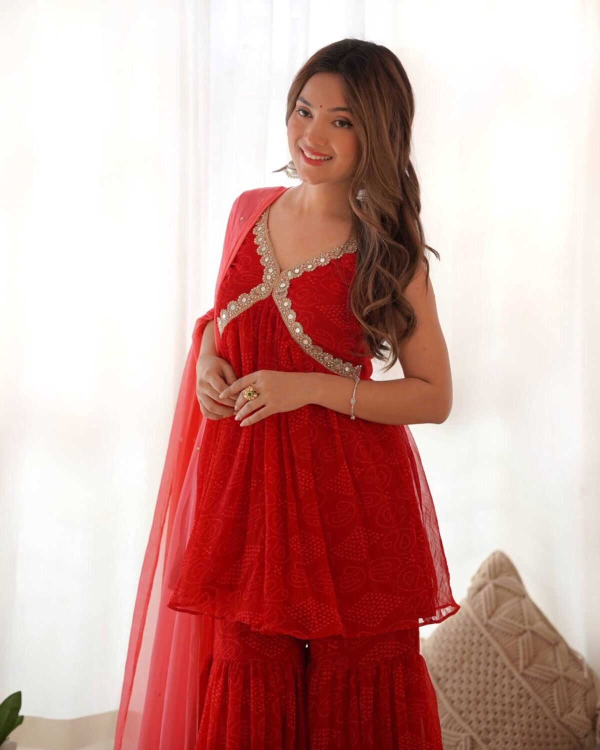 Red bandhani Peplum kurta sharara set (set of 3)