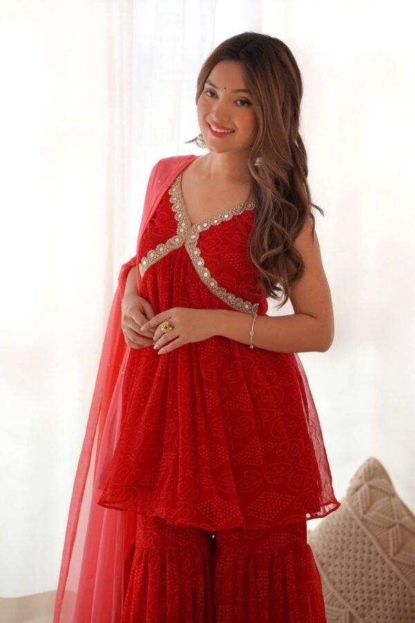 Red bandhani Peplum kurta sharara set (set of 3)