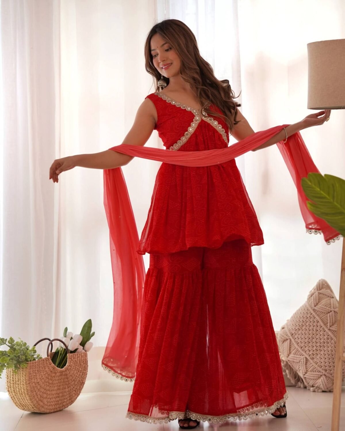 Red bandhani Peplum kurta sharara set (set of 3)