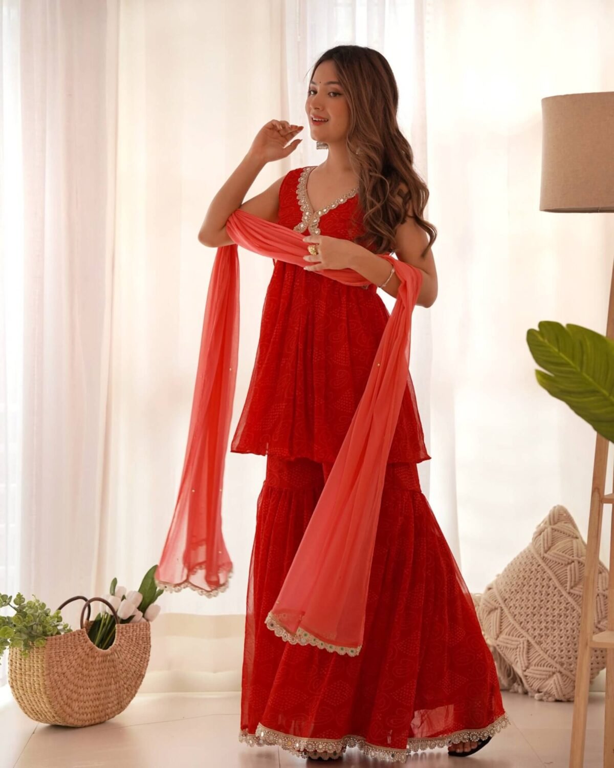 Red bandhani Peplum kurta sharara set (set of 3)