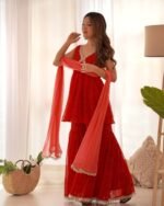 Red bandhani Peplum kurta sharara set (set of 3)