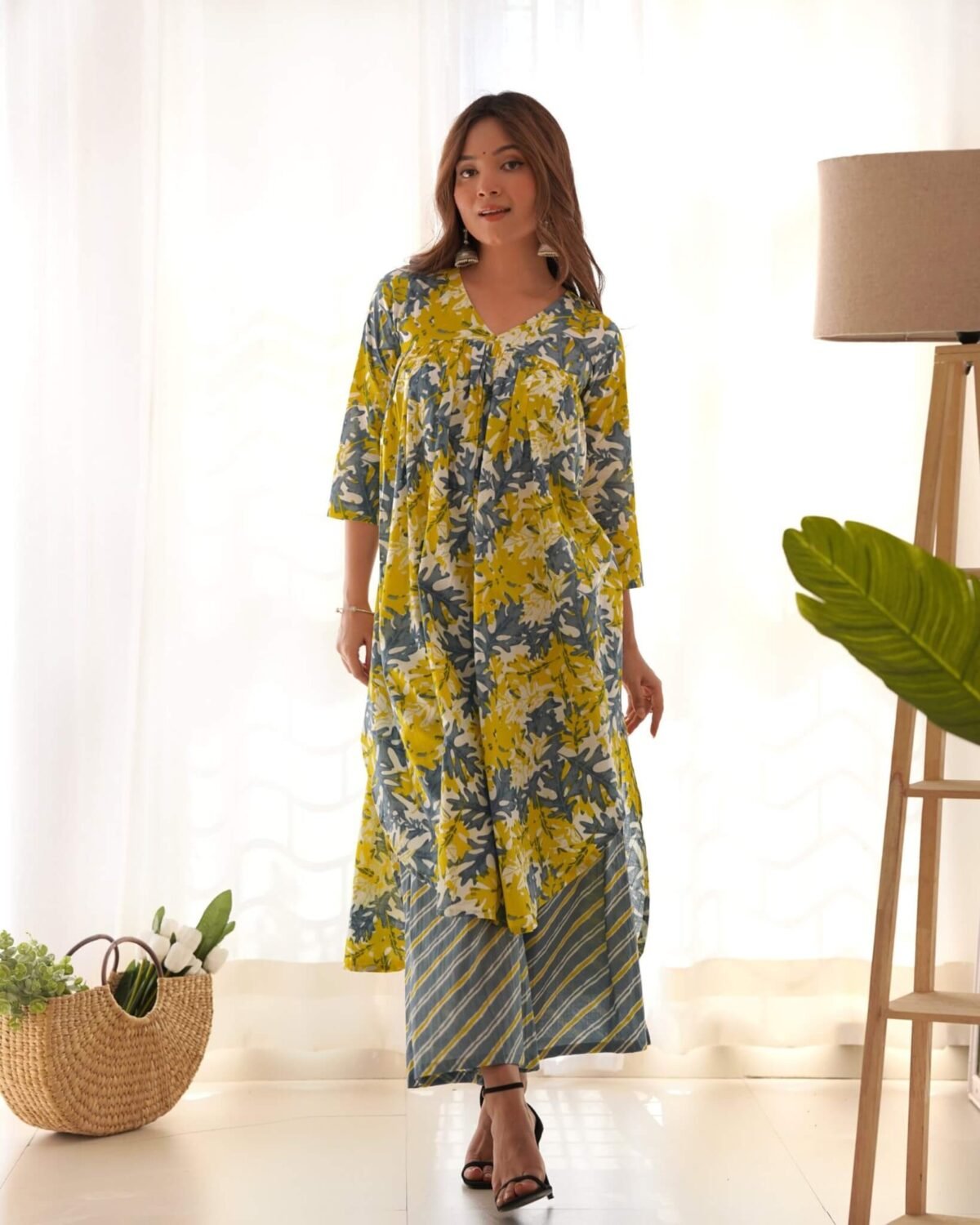 Grey & yellow kurta palazzo set (set of 2)