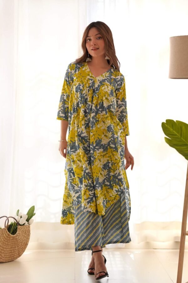 Grey & yellow kurta palazzo set (set of 2)