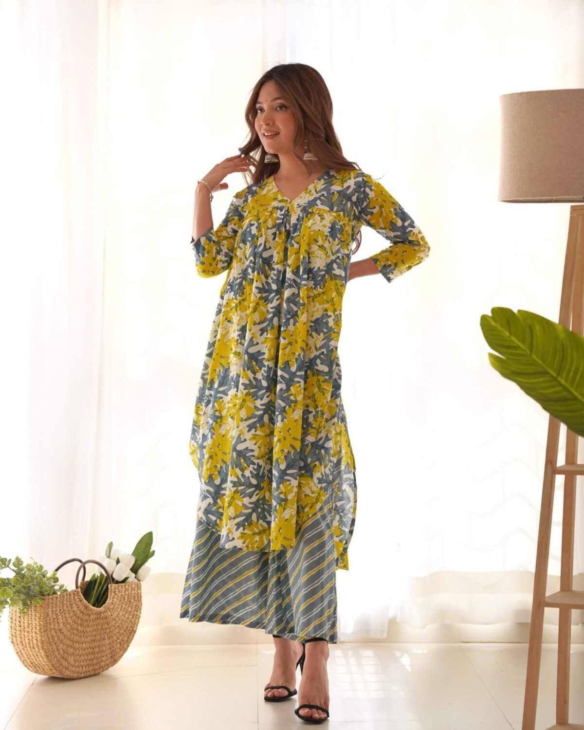 Grey & yellow kurta palazzo set (set of 2)