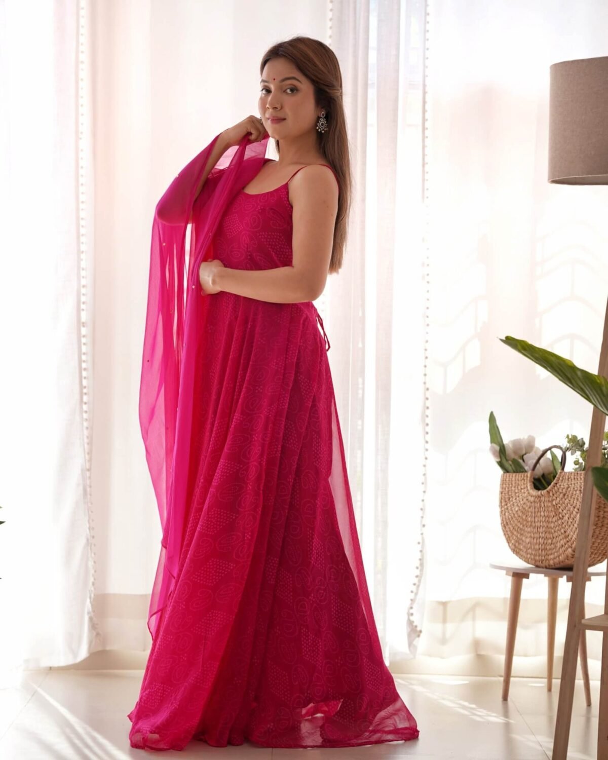 Magenta bandhani anarkali set (set of 2)