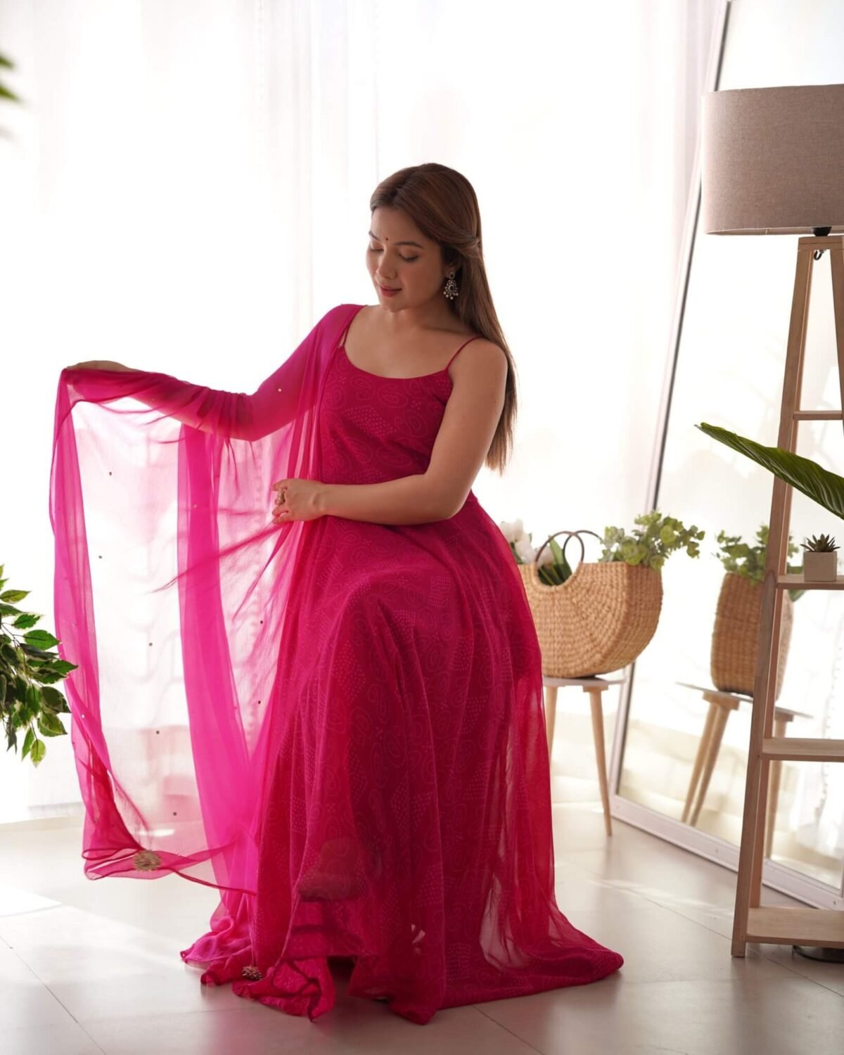 Magenta bandhani anarkali set (set of 2)