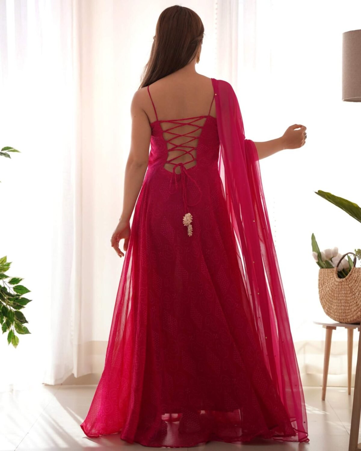 Magenta bandhani anarkali set (set of 2)