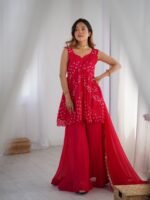 Crimson pink bpeplum kurta and flared palazzo set